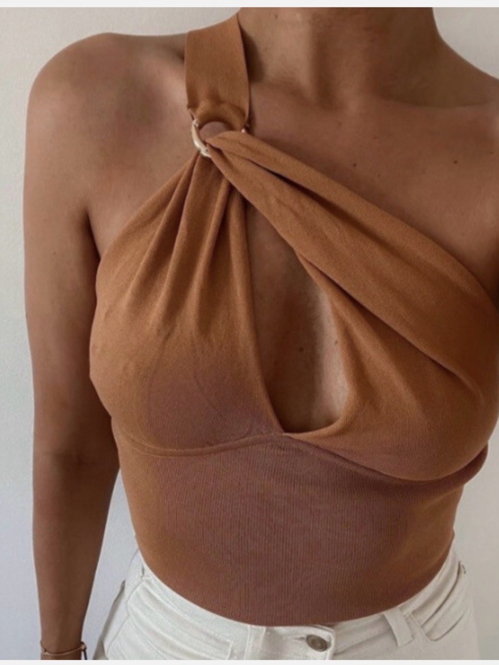 Zara One-Shoulder Rust Brown Ring-Detail Tank Top